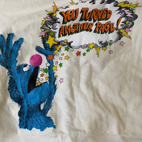 Out of Print Graphic Tee White Blue Literary Shirt Grover Monster Book - Picture 4 of 4